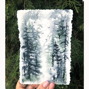 5x7" Alberi di pino foresta scura paesaggio acquerello originale piccolo dipinto arte regalo