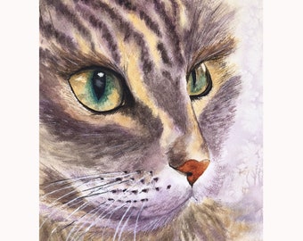 Tabby cat painting Original watercolor on paper cat portrait artwork signed