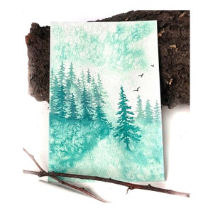 Dipinto originale ad acquerello di foresta verde menta, pini, paesaggio, piccolo dipinto su carta