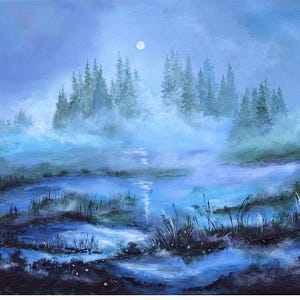 Full moon painting Dark blue twilight forest landscape artwork living room wall art