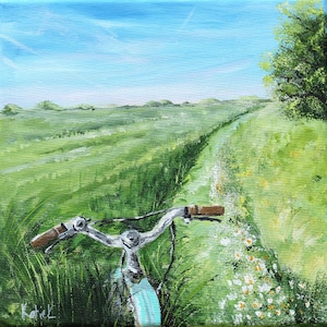 Retro bicycle Hand-painted original painting mint bike ride in the green field landscape artwork summer countryside art