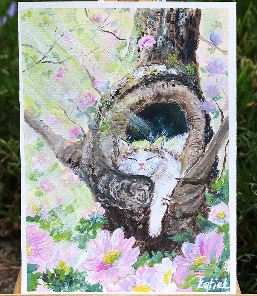 Sleeping cat original acrylic small painting on paper cottage core cozy art