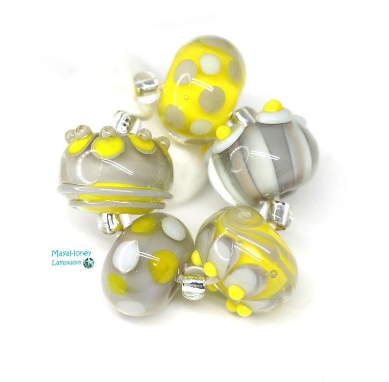 Handmade glass lampwork beads SRA by MayaHoney Gray Yellow round beads set for jewelry making