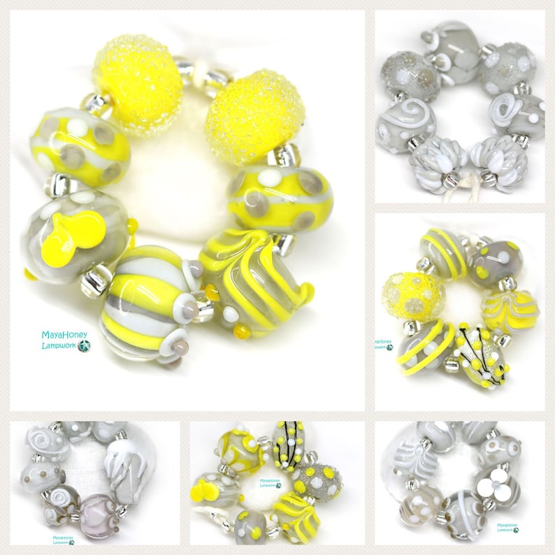 Gray round beads set for jewelry making SRA by MayaHoney Gray Yellow artisan lampwork glass beads mix