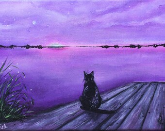 Black cat watching sunset Original small painting purple sunset vibrant