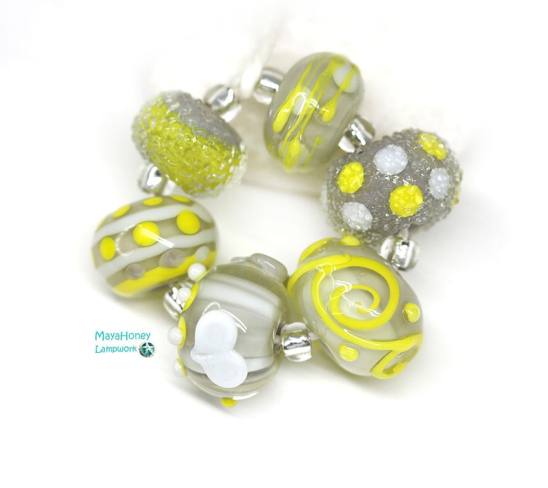 Gray round beads set for jewelry making SRA by MayaHoney Gray Yellow artisan lampwork glass beads mix
