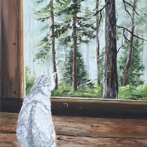 Cat near the window Original medium painting forest nature wall art
