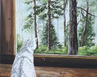 Cat near the window Original medium painting forest nature wall art