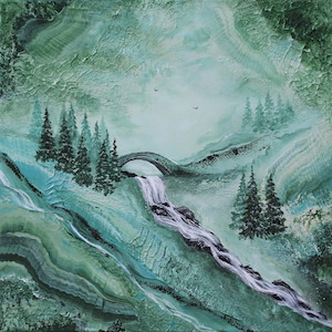 Original acrylic small landscape painting calming green pine trees misty foggy forest artwork