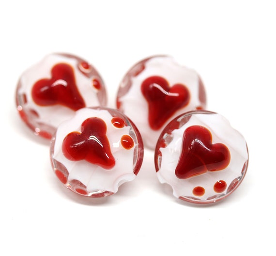 Red Heart Beads Handmade Glass Beads Lampwork Lentil White Red Beads for  Jewelry Making 4pc 