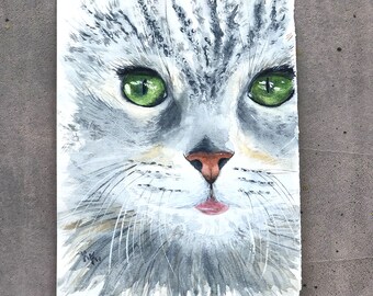 Dipinto di gatto blu Acquerello originale su carta Ritratto di gatto dipinto a mano