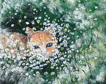 Ginger cat original acrylic small painting daisy flowers cottage core cozy art