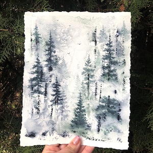 8 x 10 pollici Foresta nebbiosa pini paesaggio nebbioso acquerello dipinto originale natura