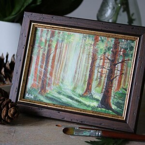 Foresta di pini, dipinto acrilico originale, piccolo, cottage, paesaggio, arte murale