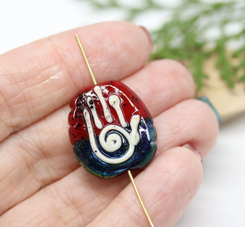 Dark red hamsa bead Healing hand pendant oval Yoga bead Dark blue handmade lampwork focal SRA