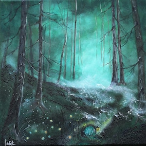 Night Forest Painting: Original Acrylic Canvas Art, 12x12&quot;