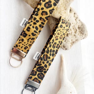 Leopard Print Fabric Wristlet Keychain | Animal Print Key Fob with Gold Hardware | Handmade Wrist Strap for Keys | Gift for Her