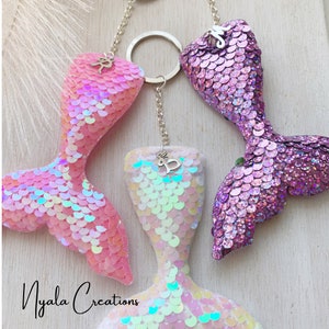 Purple Pink White Mermaid Tail Sequin Keychain / Keyring Personalised Initial Girls Party Favour Gift