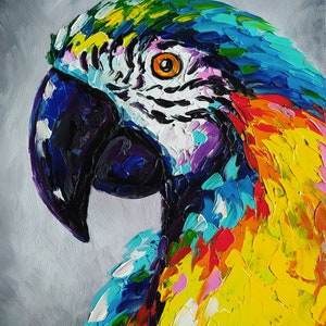 Colorful Parrot Oil Painting: Original Tropical Bird Portrait Art