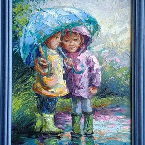 Juntos bajo un mismo cielo, pintura al óleo, pintura infantil, regalo de arte familiar, decoración infantil para guardería, infancia, arte con paraguas, decoración infantil