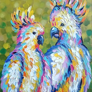Original-Ölgemälde von weißen Papageien, Tropische Vogelkunst auf grünem Hintergrund, Exotische Wildtier-Wanddekoration, Wandkunst, Ölgemälde für Kind