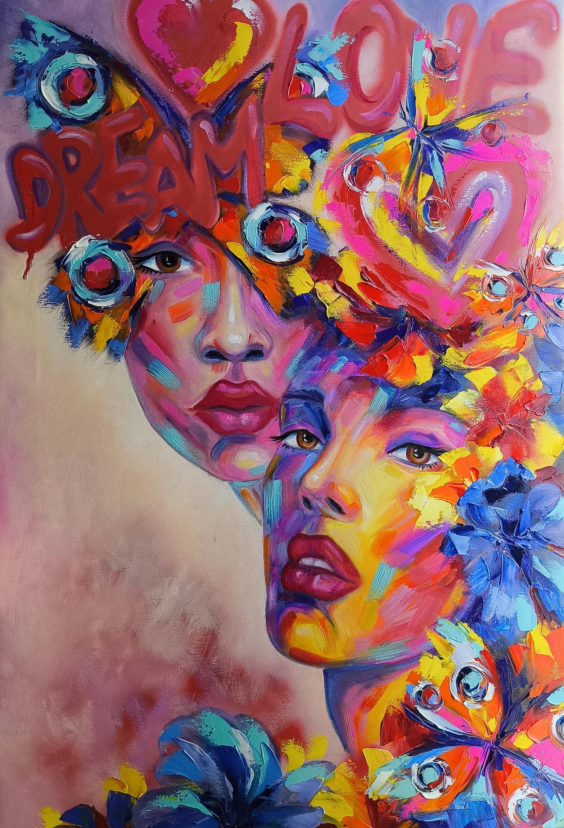 Abstract Portrait of Two Women With Flowers – Original Oil Painting on ...