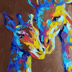 母性、母の愛、動物、キリン、動物の顔、愛、母親、絵画、母と子、贈り物、動物アート、動物の油絵