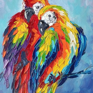 Parrots in Love Oil Painting: Colorful Bird Art