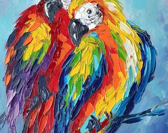 Parrots in love, oil painting, birds, parrots, birds oil painting, painting, gift, parrots art, art bird, animals oil painting