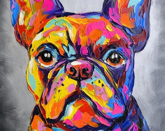 額装済みフレンチブルドッグ油絵：オリジナル犬の肖像画（2×2インチ
