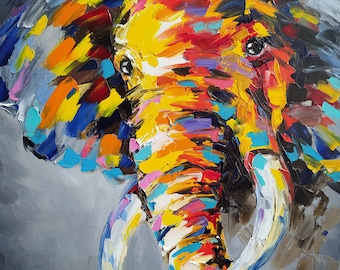 Colorful elephant oil painting, Bright elephant wall art, Expressive oil portrait, Wall art, Home decor painting, Animal art