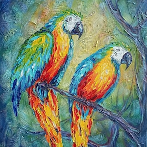 Parrots Oil Painting: Textured Bird Art on Canvas