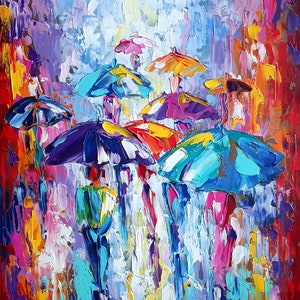 雨に歌うアートプリント、雨の中で遊ぶ幸せな家族、傘、お母さん  