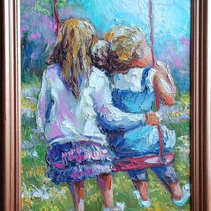 Amistad real, Para habitación de niñas, Regalo para madre, Regalo para hermanas, Niñas, Pintura al óleo, Infancia, Amigos, Niñas, Hermanas