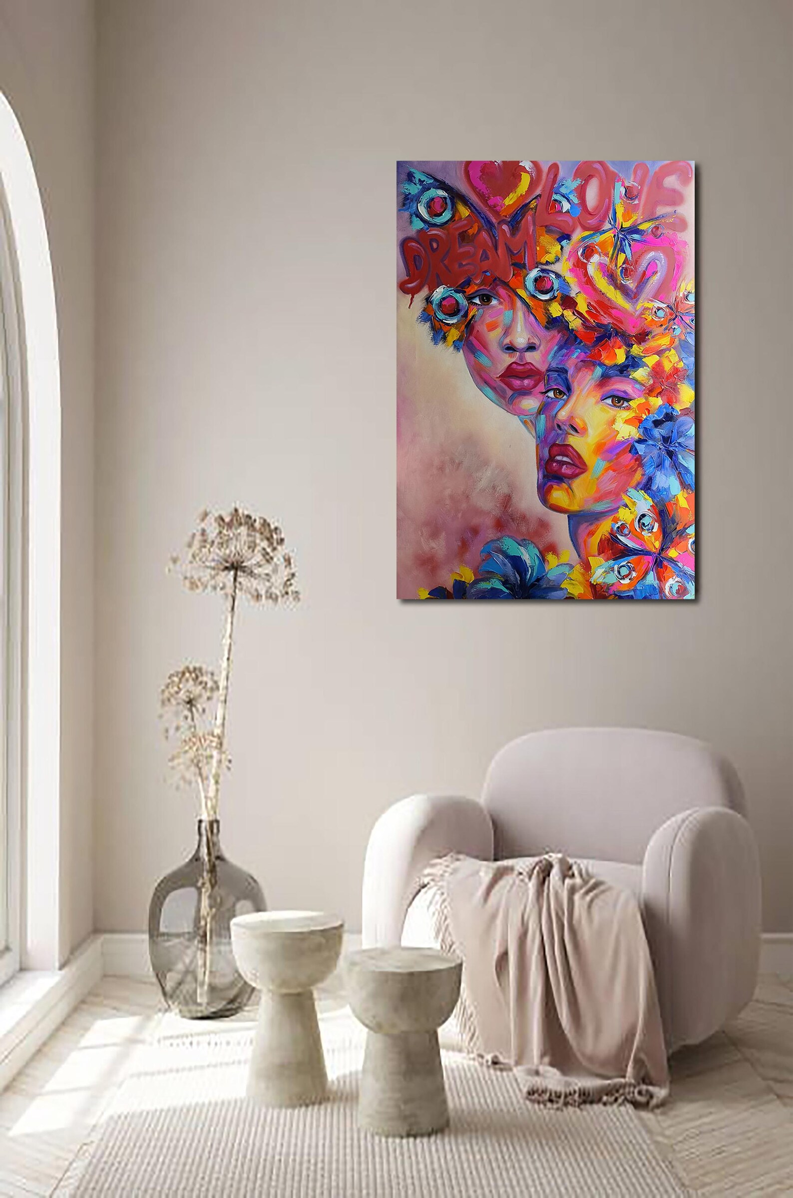 Abstract Portrait of Two Women With Flowers – Original Oil Painting on ...