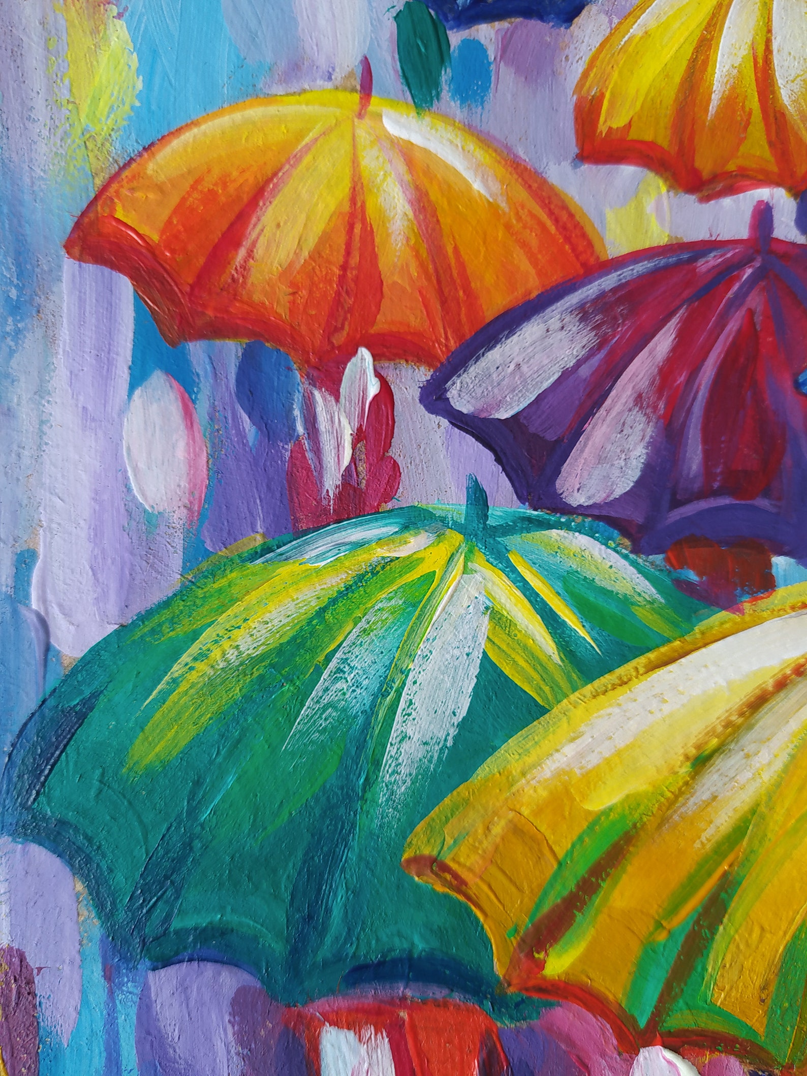 Rain in the City, Umbrella Art, People in the Rain, Acrylic Painting, People Art, Rain, Umbrella