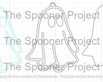 May include: Three outline drawings of ghosts, one in light blue, one in black, and one in dark gray. The ghosts are all facing forward with their arms outstretched and have two circles for eyes.