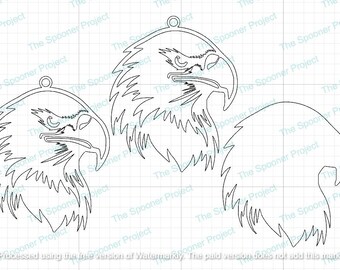 May include: A black and white line art design of an eagle's head, suitable for crafting projects like ornaments or wall decor.