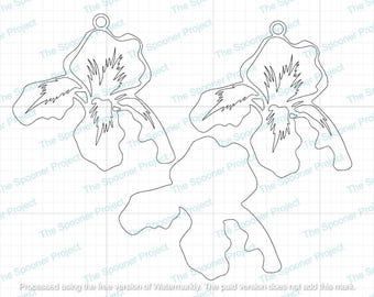May include: Two black and white line art iris flower designs with a hole at the top for hanging. The designs are symmetrical and detailed.