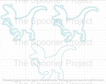 May include: Three blue line drawings of dinosaurs on a white grid background. The dinosaurs are in different poses, with one standing upright, one running, and one crouching.