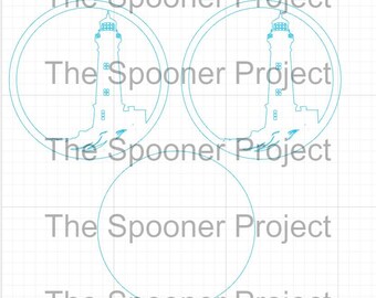 May include: Three round, white, blank, paper or wood ornaments with a blue outline. The top ornament has a lighthouse silhouette. The bottom ornament is blank. The middle ornament has a lighthouse silhouette.