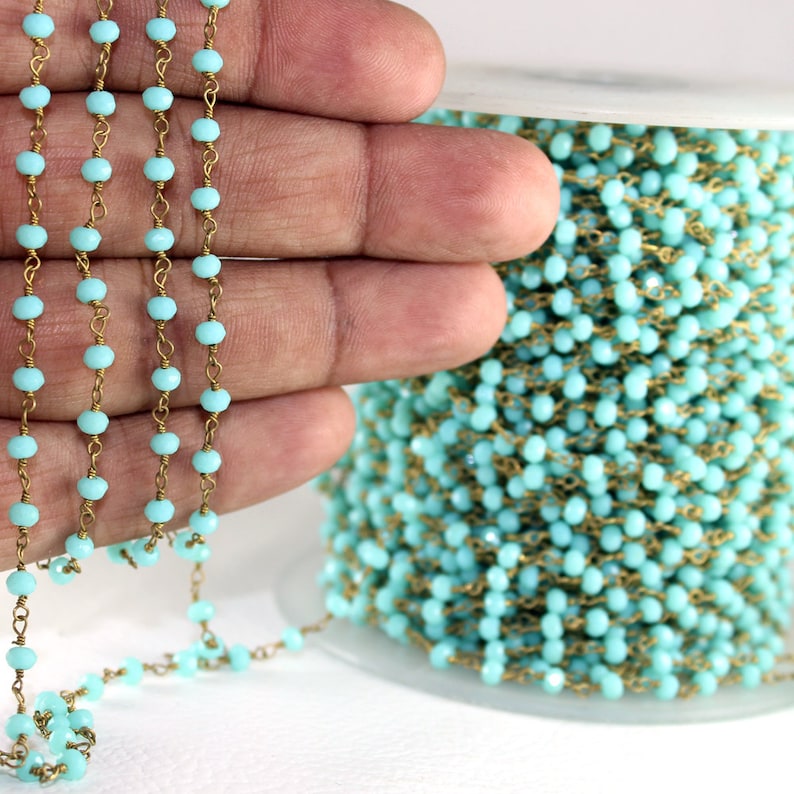 Green Turquoise Hydro Gemstone Gold Plated Beaded Rosary Wire Linked Craft Chain