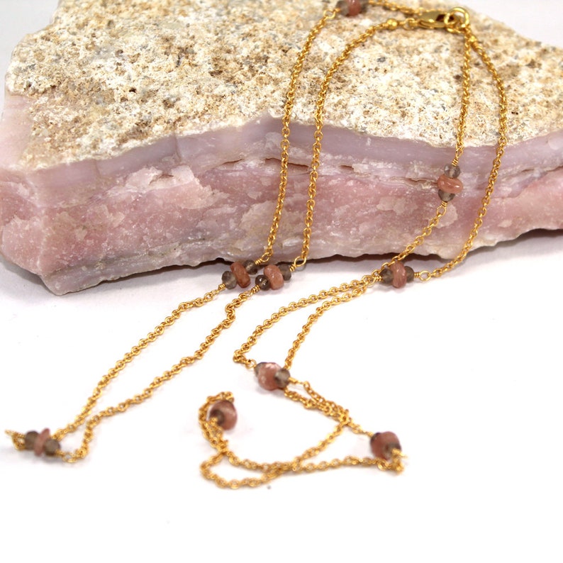 iolite Gemstone Necklace 18K Gold Plated 24 Inches Beaded Chain Necklace Gemstone Necklace Jewelry for girl woman/'s natural Peach Moonstone