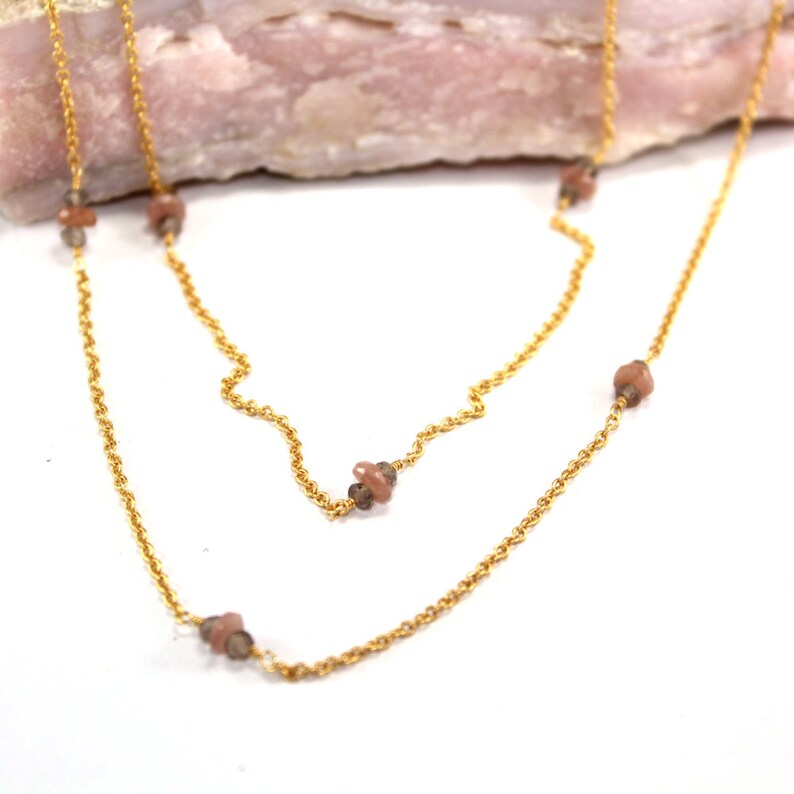 iolite Gemstone Necklace 18K Gold Plated 24 Inches Beaded Chain Necklace Gemstone Necklace Jewelry for girl woman/'s natural Peach Moonstone