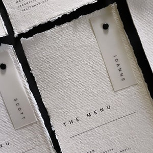 Wedding Menu | Luxury Handmade Cotton | On The Day | Torn Edge | Bespoke | Modern Wedding | Stationery | Place Card | Vellum | Mono