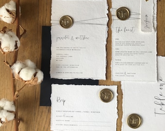Wedding Invitations | Handmade Cotton Paper | Torn Edge | Wax Seal | Bee | Bespoke | Modern Wedding | Stationery | Invitations | RSVP | Menu