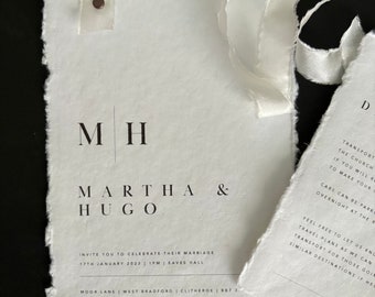 Handmade Paper Wedding Invitations with Torn Edges & Ribbon | Handmade Cotton Invite
