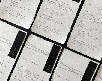 Wedding Menu | Luxury Handmade Cotton | On The Day | Torn Edge | Bespoke | Modern Wedding | Stationery | Place Card | Black and White