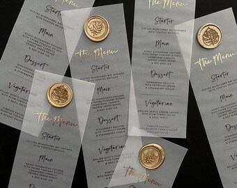 Vellum Menu | Foil | Wax Seal | Gold | Wedding Menu | Modern Wedding | Minimal | On The Day | Place Setting | Wedding Feast |