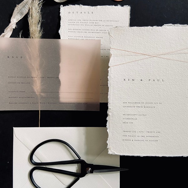 Wedding Invitations | Handmade Cotton Paper | Torn Edge | Wax Seal | vellum | Bespoke | Modern Wedding | Stationery | Invitations | RSVP |
